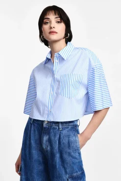 Camicia corta a righe combinate con tasca
