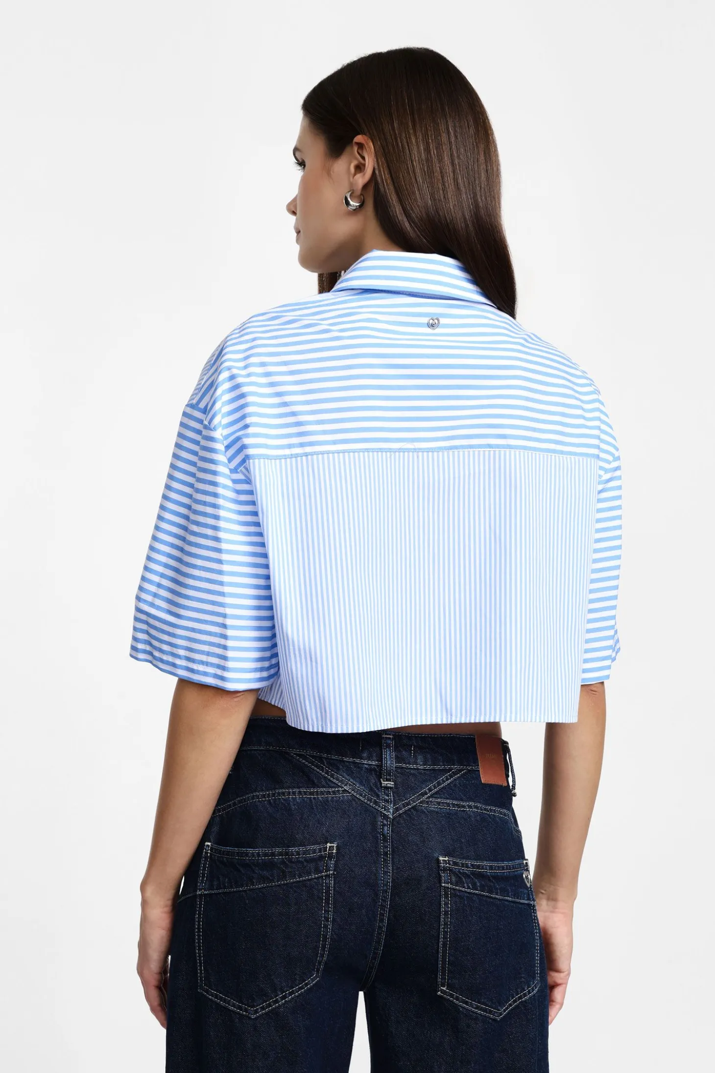 Camicia corta a righe combinate con tasca