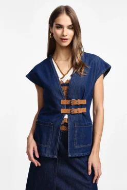 Gilet in denim con doppio cinturino