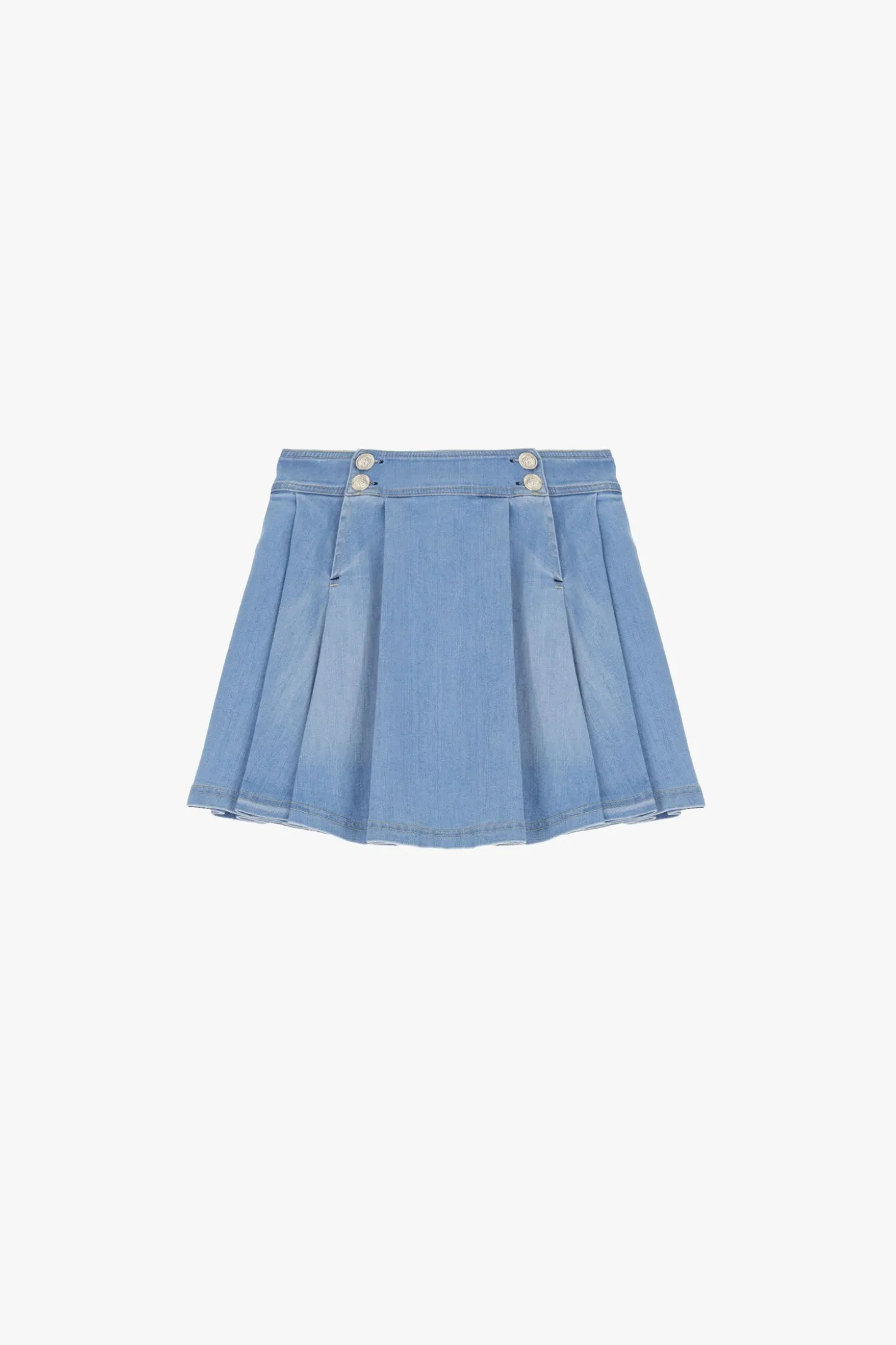 Gonna corta in denim con bottoni e pieghe