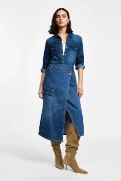 Gonna midi in denim a portafoglio con tasca