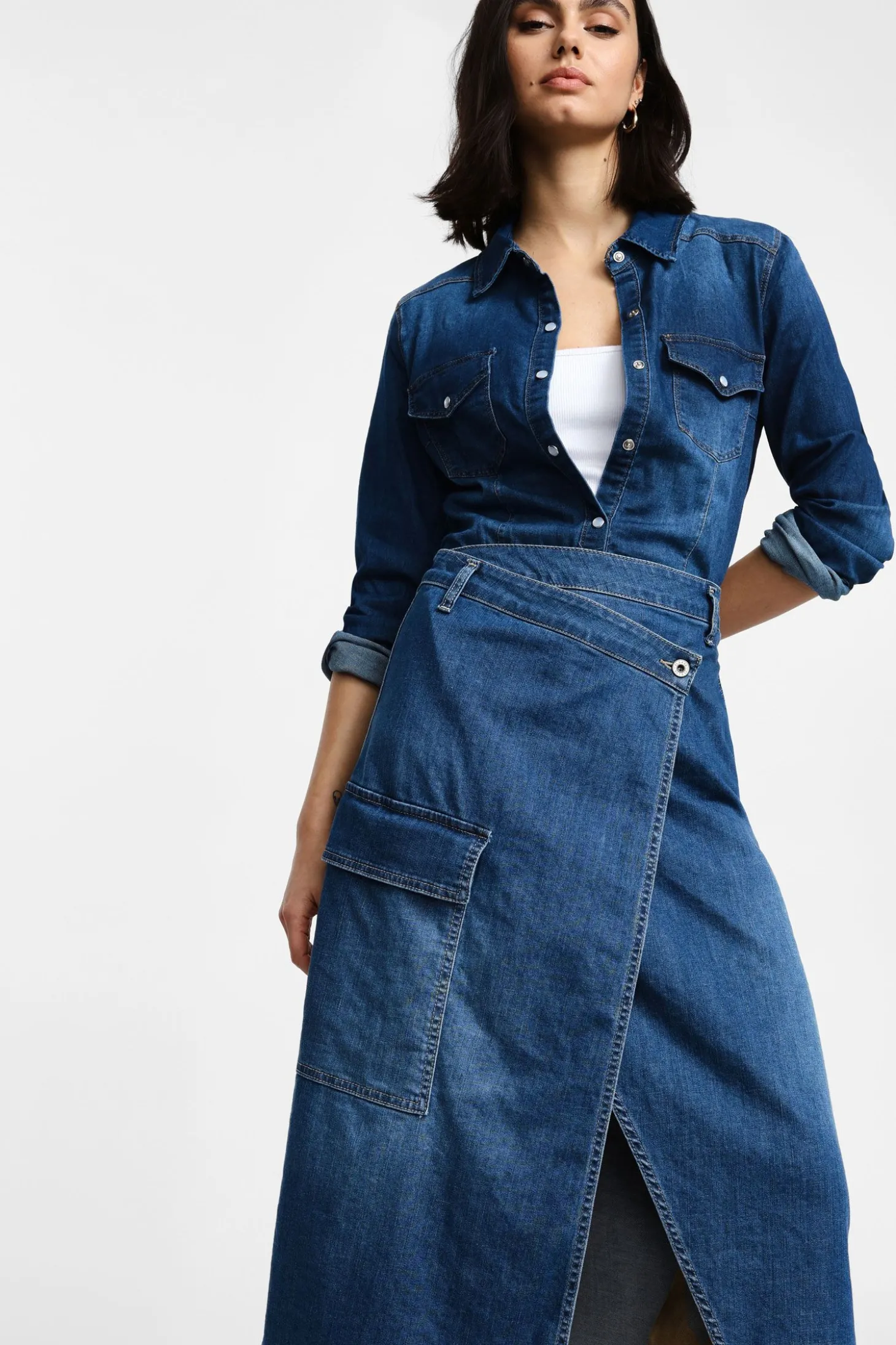 Gonna midi in denim a portafoglio con tasca