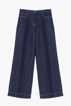 Jeans a gamba larga con vita alta e piega