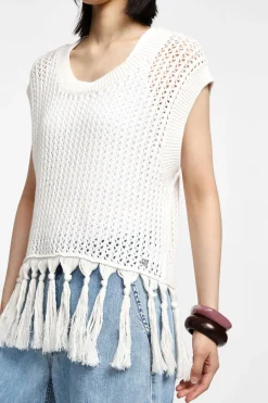 Maglia senza maniche con frange
