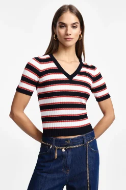 Maglione a righe con scollo a v e maniche corte