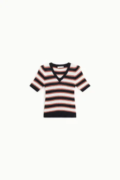 Maglione a righe con scollo a v e maniche corte