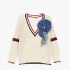 Maglione scollo a V e fiore in denim