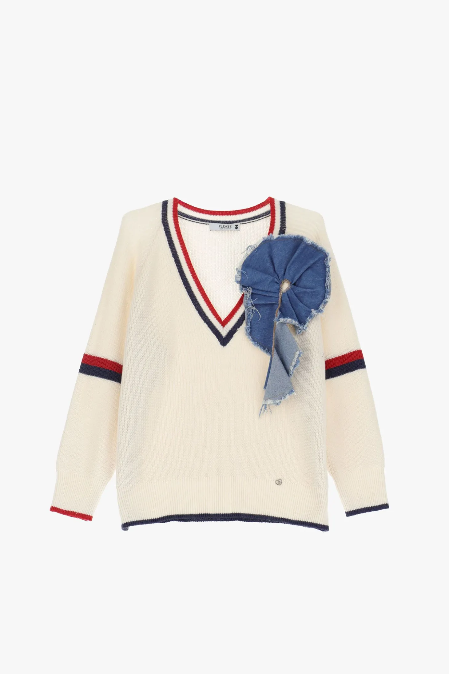 Maglione scollo a V e fiore in denim