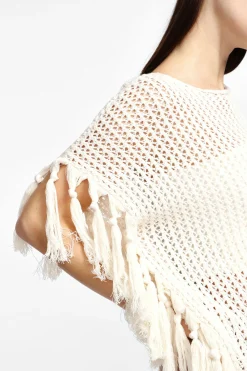 Maglione traforato senza maniche con frange