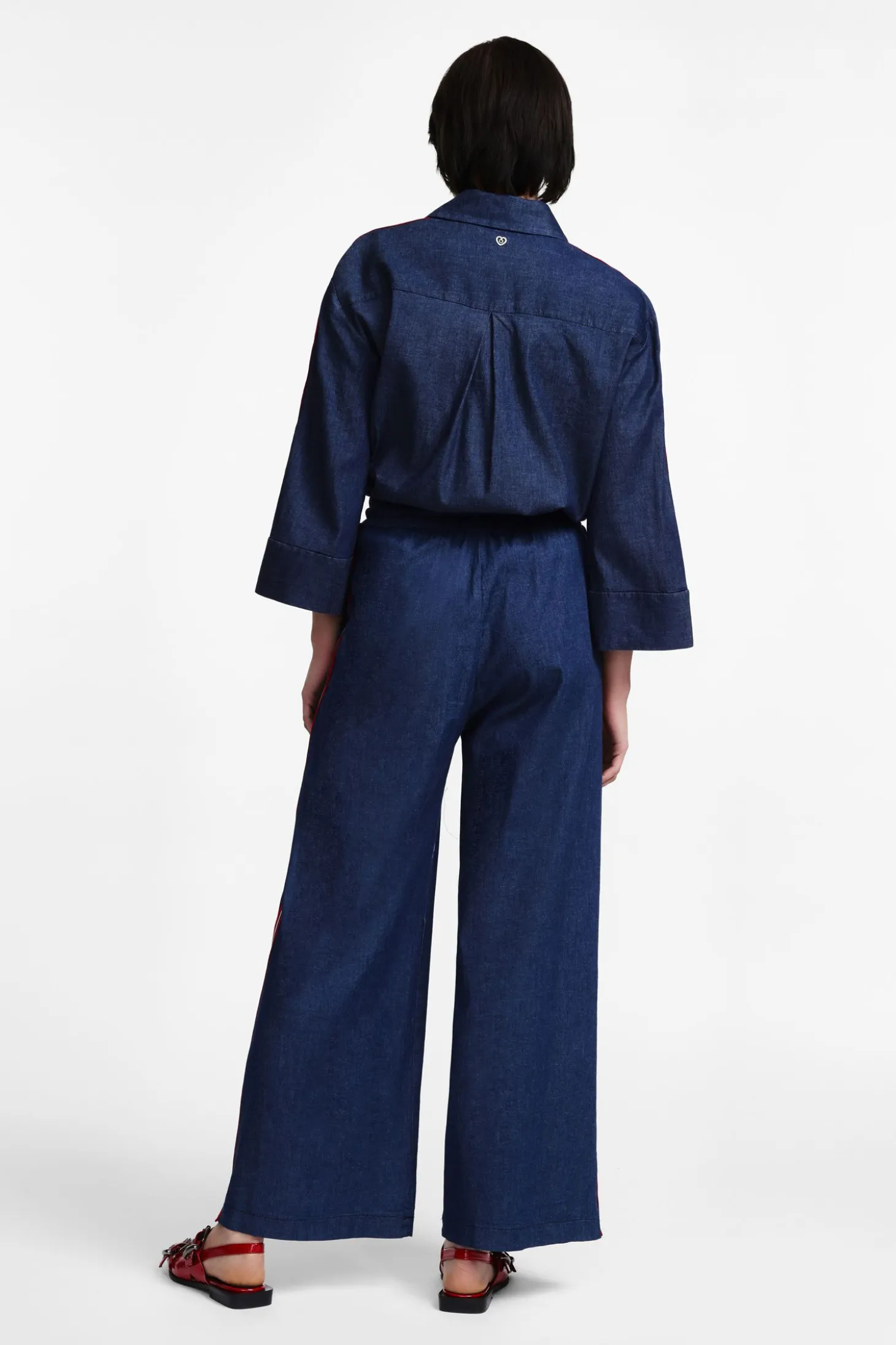 Pantaloni palazzo chambray con righe laterali e coulisse