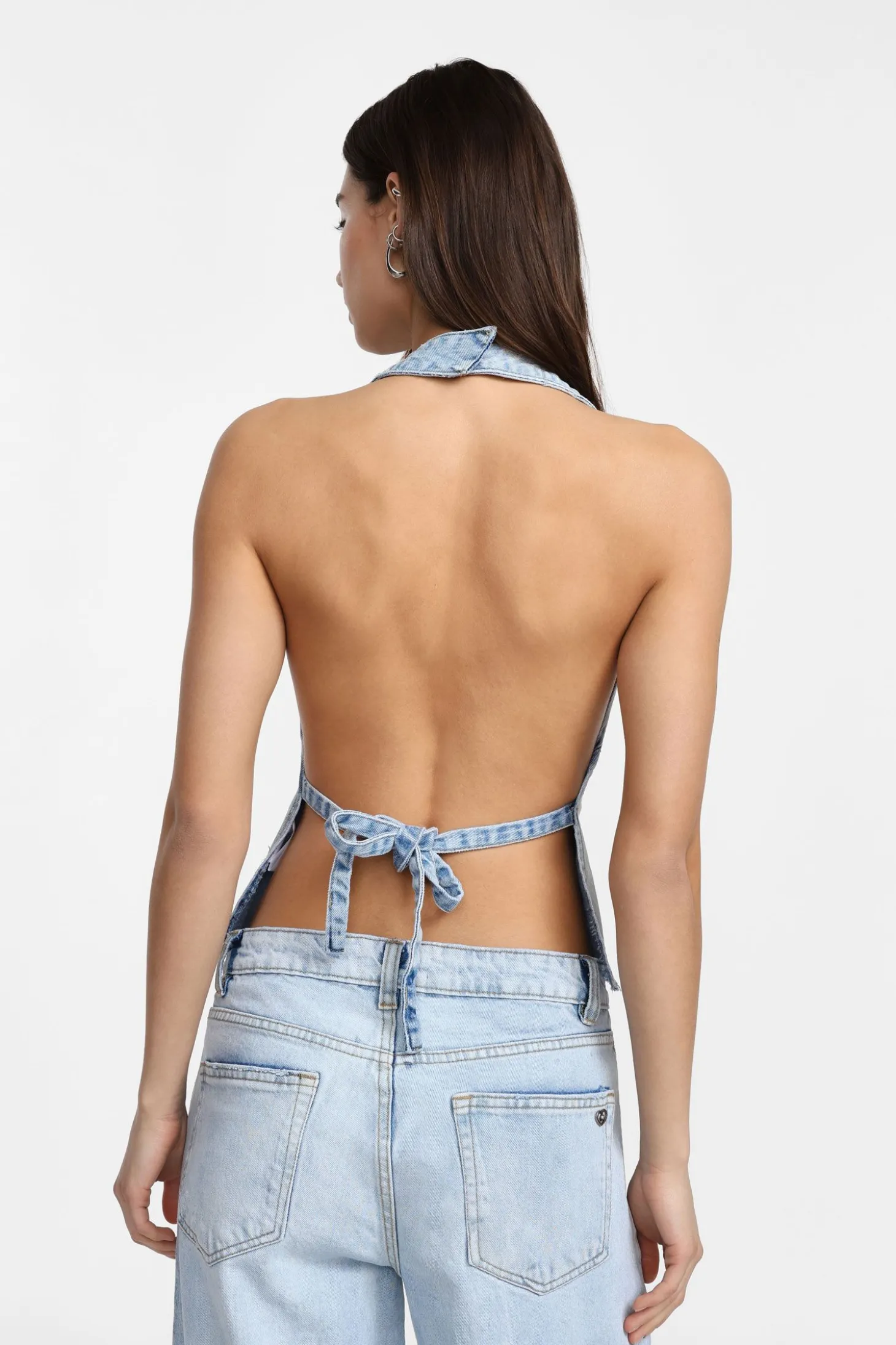 Top all'americana in denim schiena scoperta