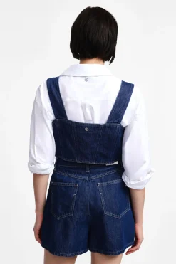 Top in denim con tasche e spalline larghe